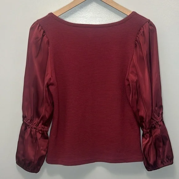 "NWT"Maeve | Anthropologie Burgundy Tiered Satin Sleeve Ribbed Knit Blouse -Sz.S - Picture 4 of 12